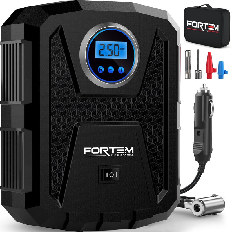 FORTEM فورتيم مضخة هواء محمولة لضغط الإطارات، مضخة هواء لإطارات السيارات والدراجات، مضخة إطارات السيارات مع إيقاف تلقائي، 150 PSI، 12V DC، ضوء LED، حقيبة حمل، للرجال والنساء - Image 1